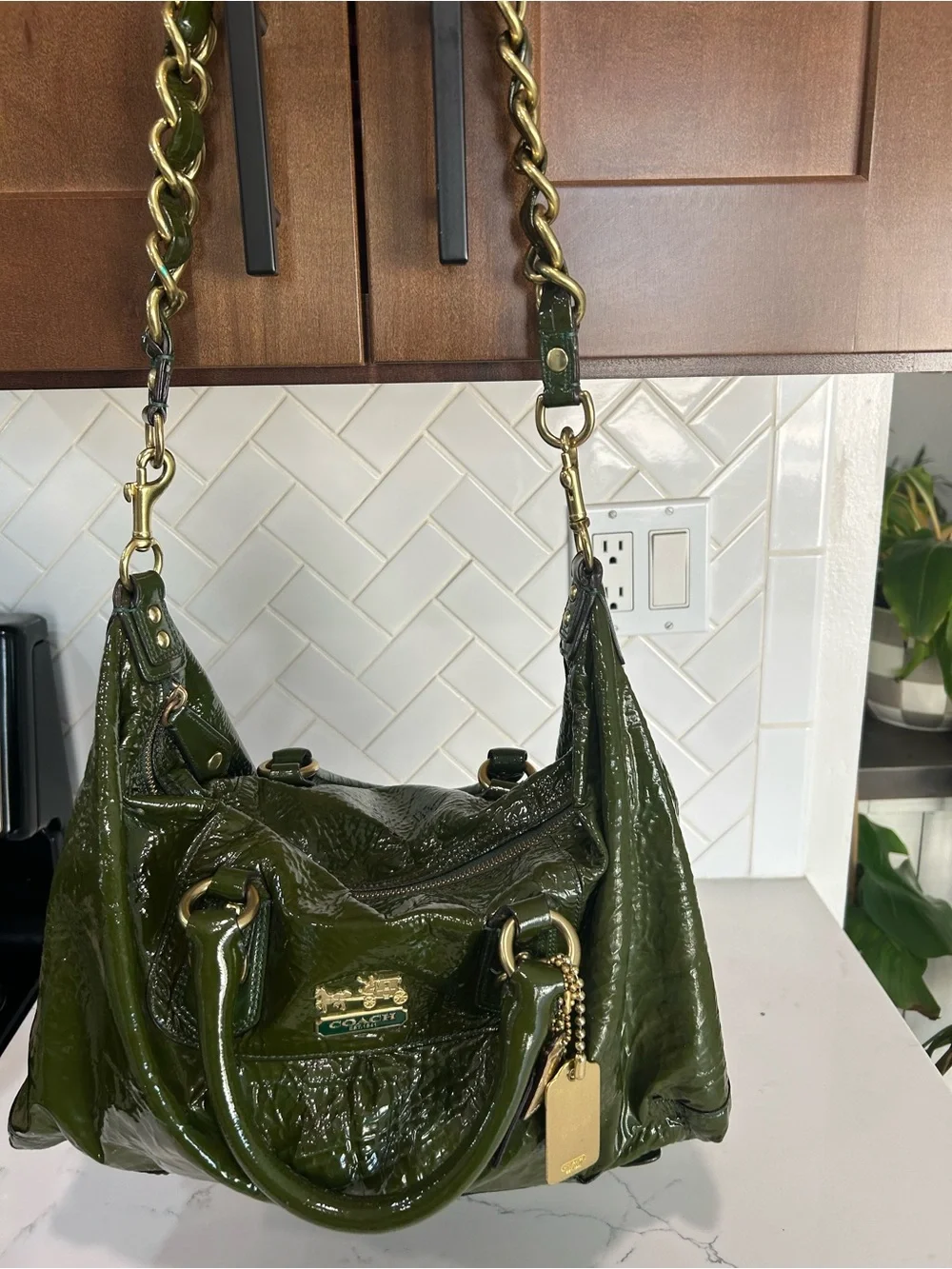 Coach Olive Green Patent Leather Satchel with Chain Strap